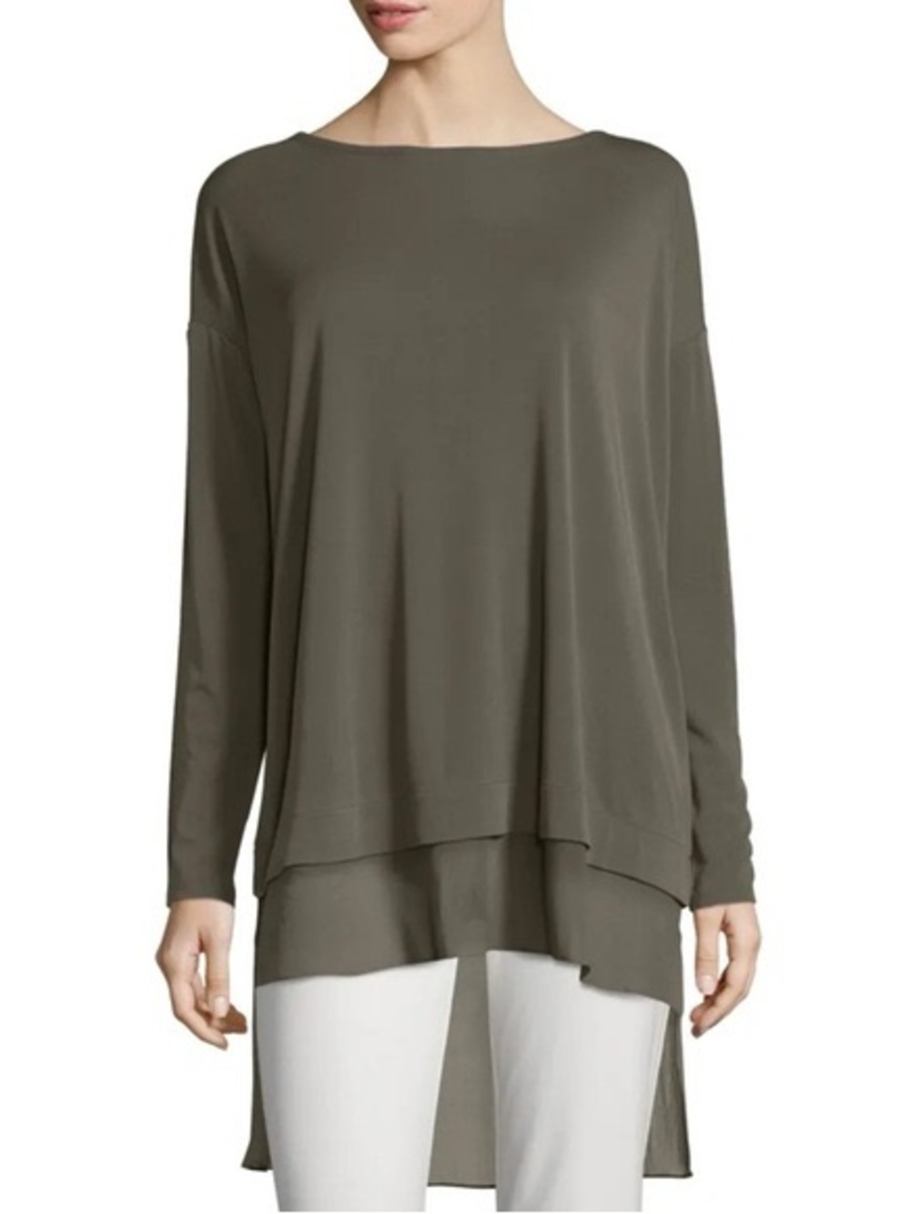 Eileen Fisher Long-Sleeve Layered Silk Tunic in Olive Green L Large 100% Silk